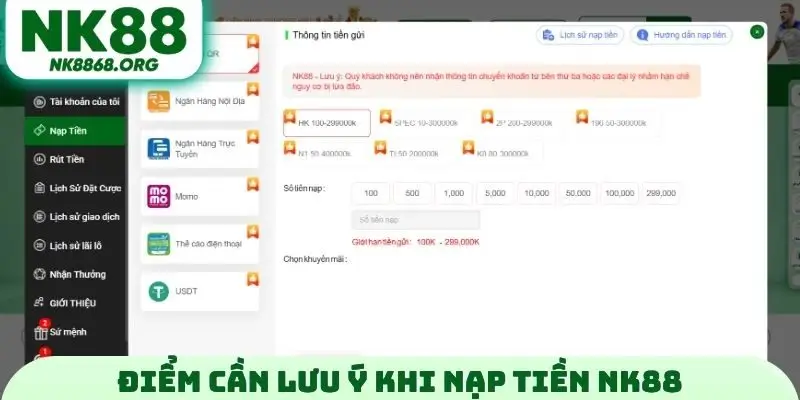 Điểm cần lưu ý khi nạp tiền NK88