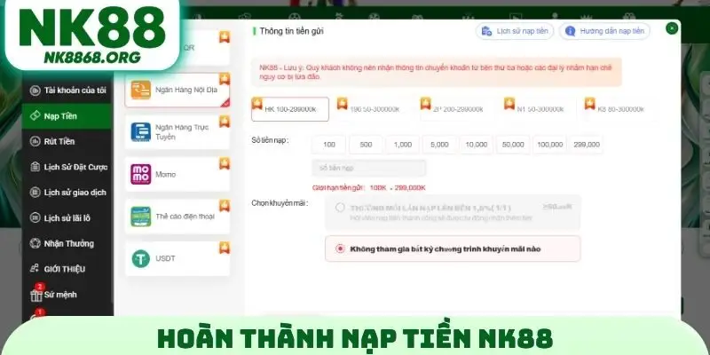 Hoàn thành nạp tiền NK88