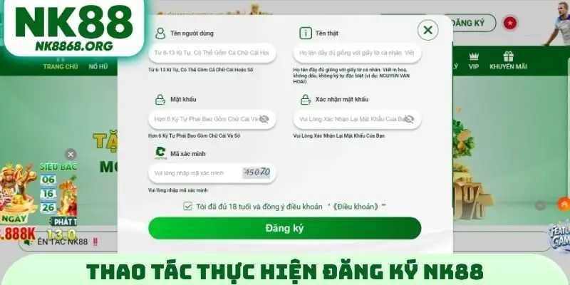 Thao tác thực hiện đăng ký NK88